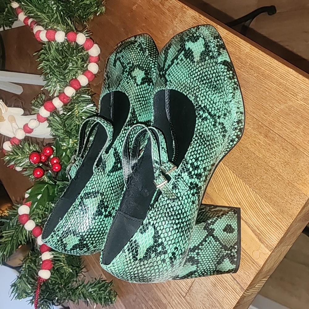 ASOS Sully Platform Mary Jane Mid shoes in green/black Snakeskin.